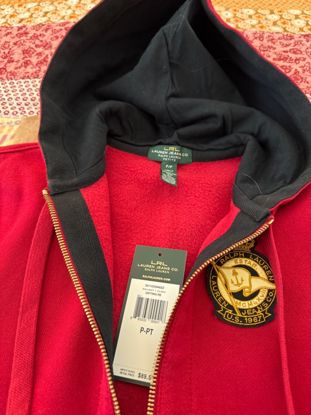 Ralph Lauren Red Hoodie with Black Trim and Gold Logo Tag